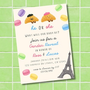 Peut inclure: Une invitation de révélation du genre avec un design à l'aquarelle. L'invitation présente le texte "he OR she" et "Gender Reveal" avec des illustrations de croissants et de macarons. La Tour Eiffel est également représentée.