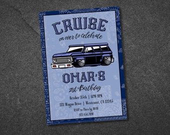 MADE-to-Order Digital Invitation | Blue Low Rider Wagon, Cruise on Over Birthday Invitation