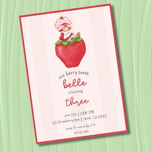 Invito digitale su ordinazione / Invito di compleanno vintage con torta di fragole e bacche dolci
