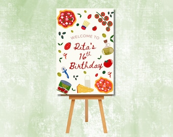 Cartaz de boas-vindas digital feito sob encomenda | Cartaz de boas-vindas para festa de aniversário com pizza retrô italiana (ou qualquer coisa)