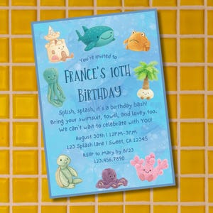 May include: A blue invitation card with aquatic illustrations, including a whale, frog, and octopus, announces "France's 10th Birthday." The card includes event details: August 30th, 12PM-3PM, and an RSVP by 8/23.