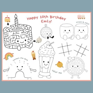 Peut inclure: Une feuille d'activités sur le thème de l'anniversaire avec le texte "Happy 10th Birthday Emily!". Elle comprend un labyrinthe de gâteau, des points à relier, un morpion et des activités de coloriage. Illustrations : arc-en-ciel, boule disco et gaufre.