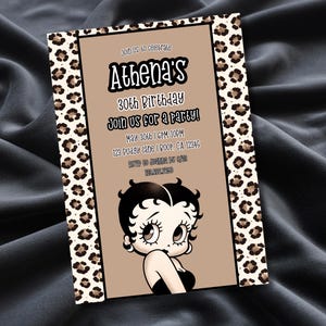 May include: A party invitation featuring a cartoon character and the text "Athena's 30th Birthday." The invitation has a tan background with a leopard print border. The text includes the date, time, and location of the party.