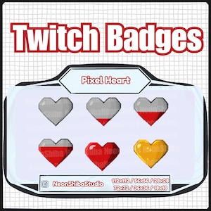 Pixel Heart Subscriber Badges | Twitch | Streaming |  Sub/Bit Badge | Badge Heart Container Emoji Emote Pack