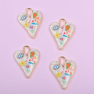 18K Gold Heart Charms – Evil Eye & Enamel Flower Design | Dainty Charm Pendant for DIY Necklace Bracelet Jewelry Making Supply