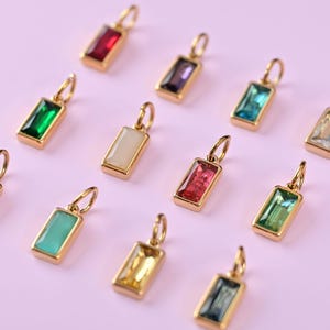 Luxury Baguette Birthstone Charm, 18K Gold Plated Rectangle Gemstone Pendant, Elegant Birth Month Jewelry Gift for Necklace Bracelet