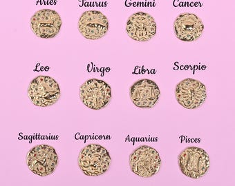 18K Gold Plated Zodiac Charms, Textured Disc Horoscope Charm for DIY Jewelry Making