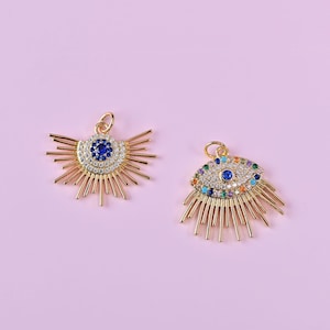 Gold Sun Charm with White Blue CZ, Evil Eye Pendant with Multicolor Zircon, Sparkly Gold Filled Charms for DIY Necklace Bracelet Jewelry