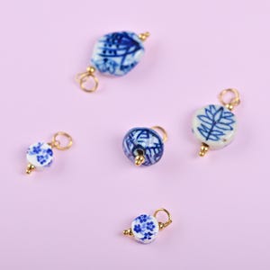 Blue Ceramic Flower Charm, Handmade Painted Porcelain Bead, Vintage Style Pendant for Necklace Bracelet Earrings, Jewelry Making Supplies