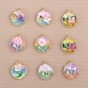 Set of 14K Gold Filled Enamel Flower Charms – Pearl Camellia Rose Tulip Vintage Oil Painting Pendants for DIY Necklace Bracelet Making