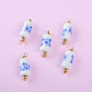 Handmade Ceramic Cylinder Charm, Blue Hibiscus Flower Pendant, Porcelain Vintage Bead for Necklace Bracelet Earrings DIY Jewelry Making