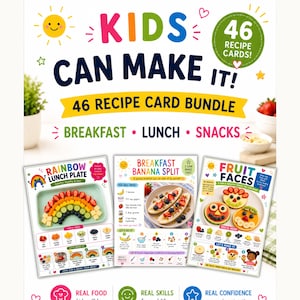 May include: A 46-recipe card bundle titled Kids Can Make It, featuring colorful instructional cards for breakfast, lunch, and snacks. The cards display recipes like Rainbow Lunch Plate, Breakfast Banana Split, and Fruit Faces with illustrations.