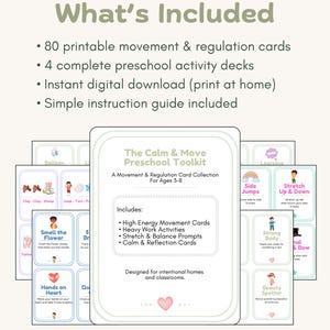 May include: A digital download titled "The Calm & Move Preschool Toolkit" for ages 3-8. The image shows a stack of cards with movement and regulation activities, including "Side Jumps" and "Stretch Up & Down". The text includes "High Energy Movement Cards".