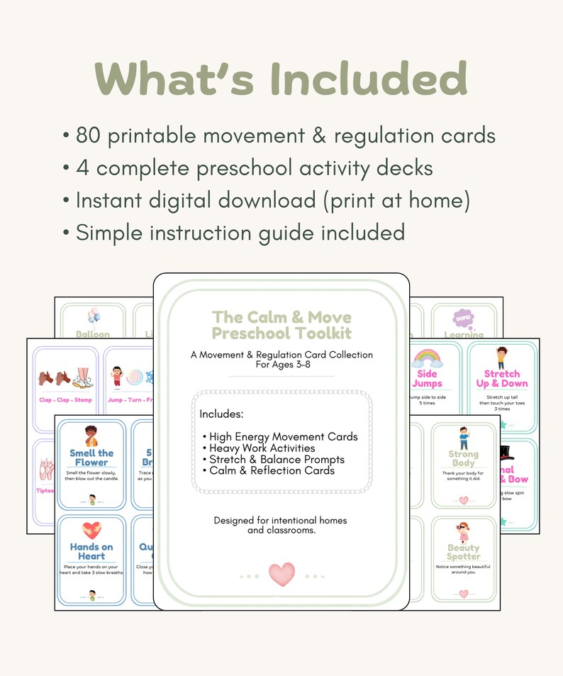 May include: A digital download titled "The Calm & Move Preschool Toolkit" for ages 3-8. The image shows a stack of cards with movement and regulation activities, including "Side Jumps" and "Stretch Up & Down". The text includes "High Energy Movement Cards".