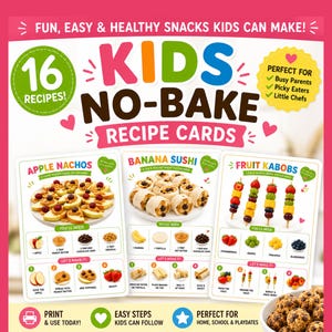 Op de afbeelding: Een set van 16 receptenkaarten voor kinderen zonder bakken met kleurrijke tekst en illustraties. De kaarten tonen instructies voor appel-nacho's, bananensushi en fruitspiesjes, inclusief ingrediëntenlijsten en stapsgewijze visuele gidsen.