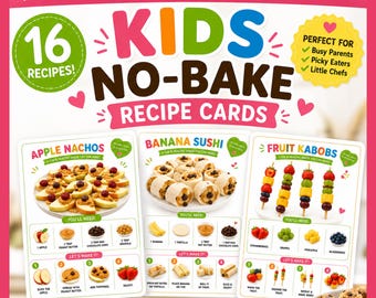 Op de afbeelding: Een set van 16 receptenkaarten voor kinderen zonder bakken met kleurrijke tekst en illustraties. De kaarten tonen instructies voor appel-nacho's, bananensushi en fruitspiesjes, inclusief ingrediëntenlijsten en stapsgewijze visuele gidsen.