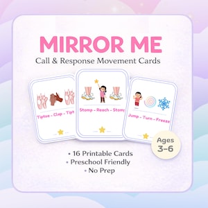 May include: A set of three white cards with illustrations and text for children's movement activities. The cards are labeled "Mirror Me" and "Call & Response Movement Cards." The cards feature illustrations of ballet shoes, children, and snowflakes. The age range is 3-6.