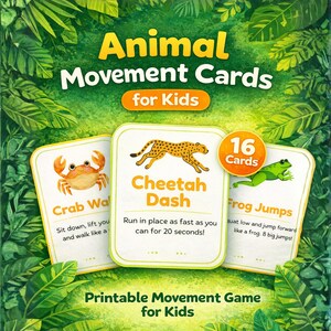 Peut inclure: Un jeu de cartes "Animal Movement Cards for Kids" avec un fond sur le th&egrave;me de la jungle. Les cartes pr&eacute;sentent des illustrations d'un crabe, d'un gu&eacute;pard et d'une grenouille, avec des instructions de mouvement. L'ensemble comprend 16 cartes.