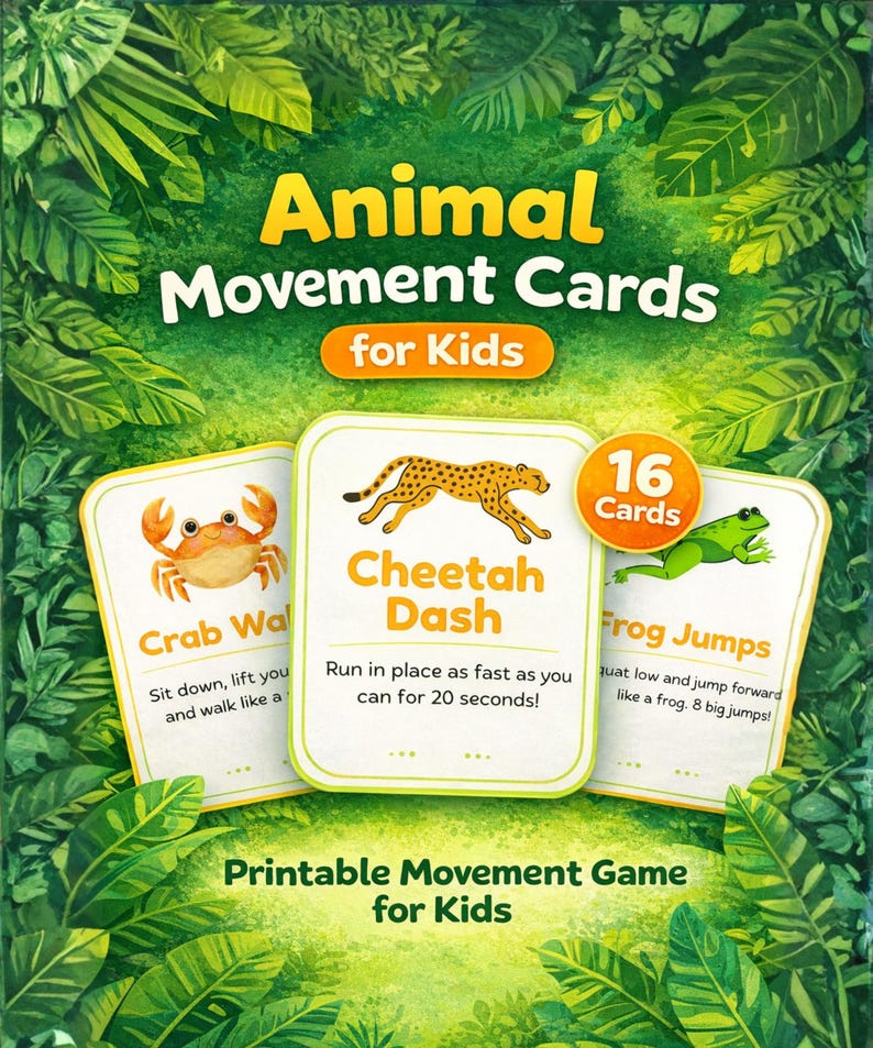 Peut inclure: Un jeu de cartes "Animal Movement Cards for Kids" avec un fond sur le th&egrave;me de la jungle. Les cartes pr&eacute;sentent des illustrations d'un crabe, d'un gu&eacute;pard et d'une grenouille, avec des instructions de mouvement. L'ensemble comprend 16 cartes.