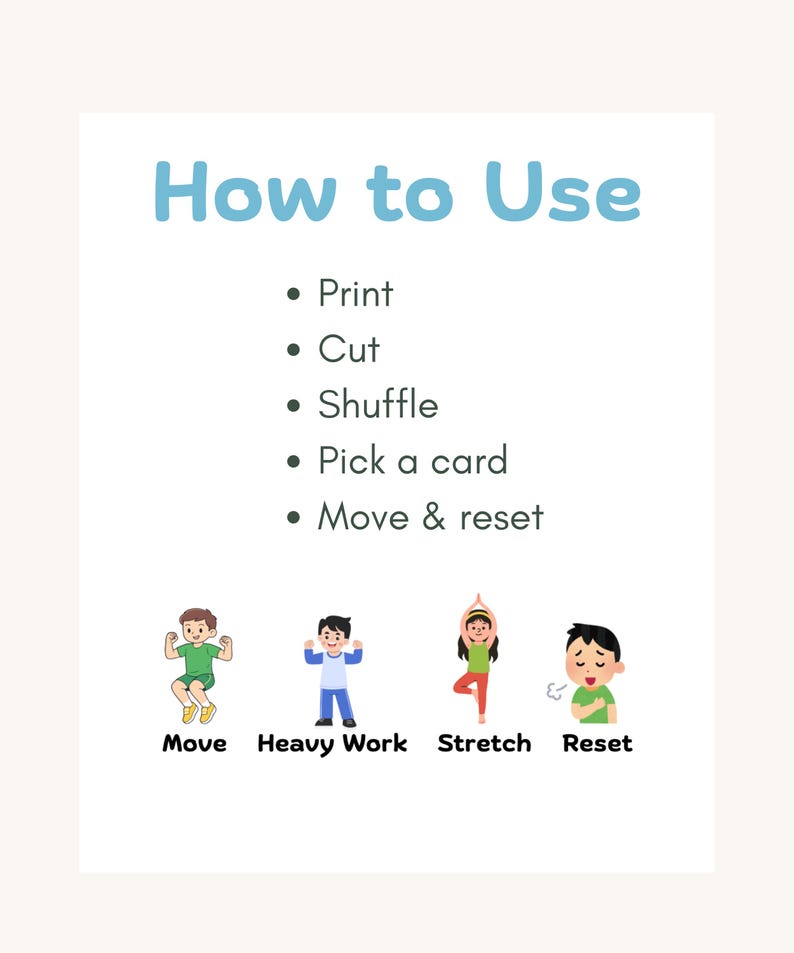 May include: A white card with the title "How to Use" in blue. Instructions include "Print, Cut, Shuffle, Pick a card, Move & reset." Illustrations show children performing exercises labeled "Move, Heavy Work, Stretch, Reset."