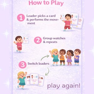 May include: An illustrated guide titled "How to Play" with steps for a children's game. The steps are numbered and feature cartoon children demonstrating actions like clapping, jumping, and freezing. The phrase "play again!" is at the bottom.