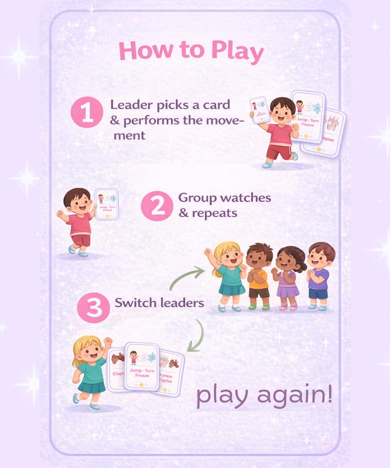 May include: An illustrated guide titled "How to Play" with steps for a children's game. The steps are numbered and feature cartoon children demonstrating actions like clapping, jumping, and freezing. The phrase "play again!" is at the bottom.