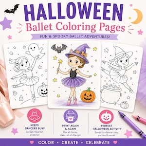 May include: Three rectangular Halloween Ballet Coloring Pages featuring line art of dancers in costumes. The center page is colored, showing a ballerina in a purple witch hat and tutu with a pumpkin and wand. Text includes HALLOWEEN Ballet Coloring Pages.