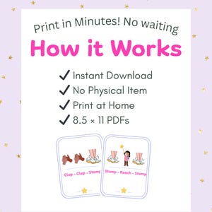 May include: A white graphic with the text "Print in Minutes! No waiting How it Works" and bullet points for instant download, no physical item, print at home, and 8.5 x 11 PDFs. Two cards show illustrations of dance steps.