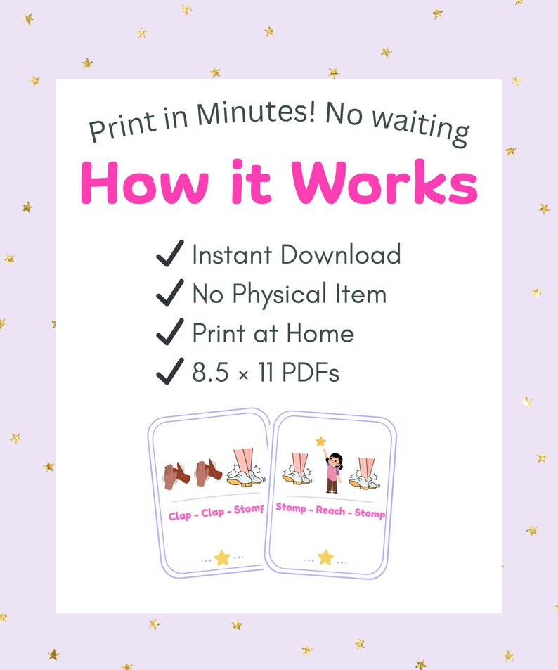 May include: A white graphic with the text "Print in Minutes! No waiting How it Works" and bullet points for instant download, no physical item, print at home, and 8.5 x 11 PDFs. Two cards show illustrations of dance steps.