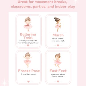 May include: Pink cards with illustrations of ballerinas demonstrating dance moves. Text includes "Ballerina Twirl", "March", "Freeze Pose", and "Fast Feet". The cards are designed for movement breaks, classrooms, parties, and indoor play.