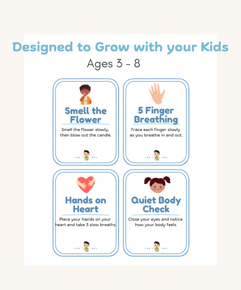 May include: A light-colored educational poster with four illustrated cards. Each card has a title and instructions for breathing exercises, including "Smell the Flower" and "5 Finger Breathing." The text "Designed to Grow with your Kids" and "Ages 3-8" are at the top.