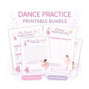 Peut inclure: Un ensemble de quatre pages imprimables pour la pratique de la danse. Elles comprennent un suivi, un défi de 30 jours et un journal. Les pages sont décorées de chaussons de danse, d'étoiles et d'une ballerine en tutu rose. Le texte "Dance Practice Printable Bundle" est en haut.