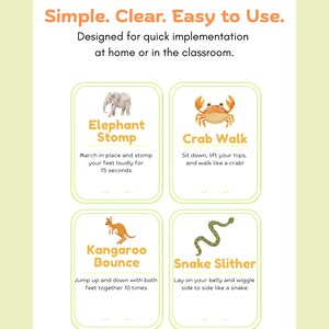 Peut inclure: Une affiche vert clair avec quatre cartes d'exercices. Les cartes pr&eacute;sentent des illustrations d'un &eacute;l&eacute;phant, d'un crabe, d'un kangourou et d'un serpent, avec des instructions pour chaque exercice. Le texte en haut indique "Simple. Clair. Facile &agrave; utiliser."