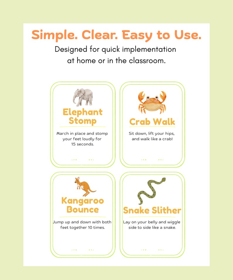 Peut inclure: Une affiche vert clair avec quatre cartes d'exercices. Les cartes pr&eacute;sentent des illustrations d'un &eacute;l&eacute;phant, d'un crabe, d'un kangourou et d'un serpent, avec des instructions pour chaque exercice. Le texte en haut indique "Simple. Clair. Facile &agrave; utiliser."