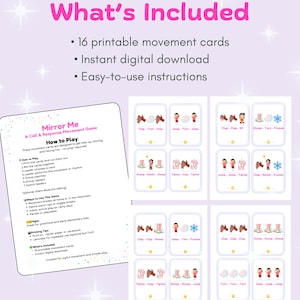 May include: A set of printable movement cards for kids, featuring illustrations of children and various actions. The cards are designed for movement breaks, dance warm-ups, and indoor play. The text on the cards includes instructions and game details.