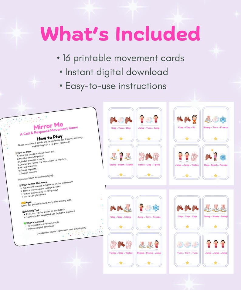 May include: A set of printable movement cards for kids, featuring illustrations of children and various actions. The cards are designed for movement breaks, dance warm-ups, and indoor play. The text on the cards includes instructions and game details.