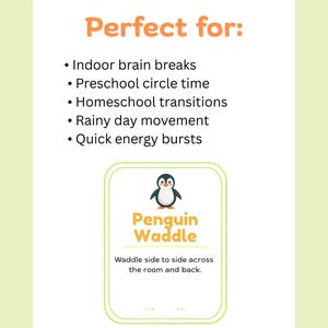 Peut inclure: Une carte vert clair avec le texte "Perfect for:" et des puces &eacute;num&eacute;rant des activit&eacute;s. En dessous, un graphique d'un pingouin et les mots "Penguin Waddle". Le texte se lit "Waddle side to side across the room and back."