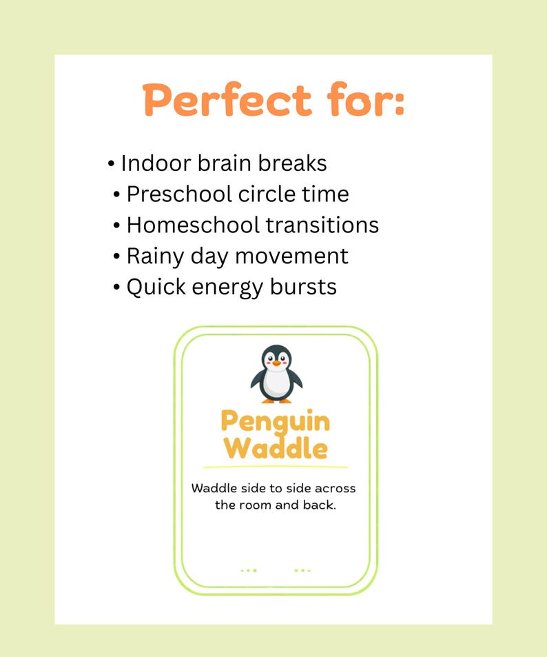Peut inclure: Une carte vert clair avec le texte "Perfect for:" et des puces &eacute;num&eacute;rant des activit&eacute;s. En dessous, un graphique d'un pingouin et les mots "Penguin Waddle". Le texte se lit "Waddle side to side across the room and back."