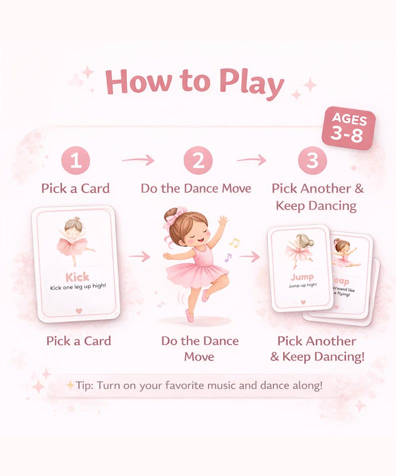 May include: A pink and white illustrated game with instructions on how to play. The game is for ages 3-8 and features a ballerina theme. The steps include picking a card, doing a dance move, and picking another card.
