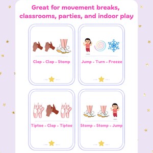 May include: A light purple card with four activity cards for movement breaks. Each card features illustrations and text instructions like "Clap-Clap-Stomp" and "Jump-Turn-Freeze". The text at the top says "Great for movement breaks, classrooms, parties, and indoor play."