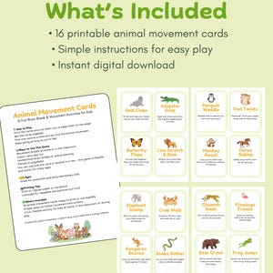 Peut inclure: Ensemble de 16 cartes de mouvements d'animaux imprimables pour enfants. Les cartes pr&eacute;sentent des instructions simples pour un jeu facile et sont con&ccedil;ues pour des pauses c&eacute;r&eacute;brales amusantes. Elles incluent divers exercices.