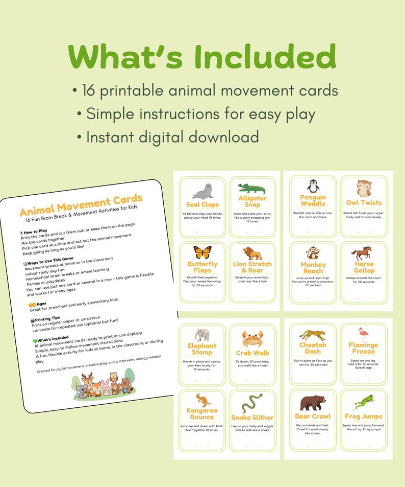 Peut inclure: Ensemble de 16 cartes de mouvements d'animaux imprimables pour enfants. Les cartes pr&eacute;sentent des instructions simples pour un jeu facile et sont con&ccedil;ues pour des pauses c&eacute;r&eacute;brales amusantes. Elles incluent divers exercices.