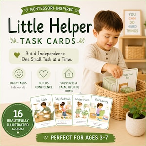 May include: A set of 16 Montessori-inspired Little Helper task cards featuring illustrations of daily chores like setting the table, tidying a bedroom, watering plants, and folding laundry, presented in a woven basket with descriptive text.