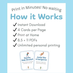 May include: A light blue graphic with the text "Print in Minutes! No waiting How it Works." Includes checkmarks for "Instant Download," "4 Cards per Page," "Print at Home," "8.5 x 11 PDFs," and "Unlimited personal printing." Two cards show exercise illustrations.