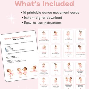 May include: Pink dance movement cards with illustrations of ballet poses. The cards include instructions and are designed for fun dance activities. The text "What's Included" and "Dance Movement Cards" are visible.