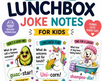 Op de afbeelding: Een set van 24 printbare lunchbox-grapjes voor kinderen met kleurrijke illustraties. Drie voorbeeldkaarten tonen een avocado met een zonnebril, een eenhoorn die maïs eet en een poedel in een badkuip, elk met een grap.