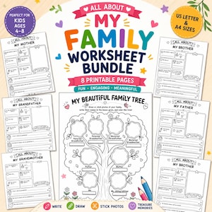 May include: A digital worksheet bundle titled All About My Family Worksheet Bundle, featuring 8 printable pages for children. The set includes templates for family members and a family tree diagram with spaces to write names and draw or stick photos.