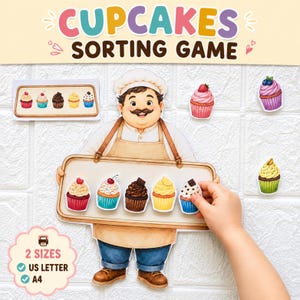 Op de afbeelding: Een Cupcakes Sorteerspel met een cartoonbakker die een dienblad met vijf kleurrijke cupcake-uitsparingen vasthoudt. Bevat een aparte dienbladkaart, individuele cupcakestukjes en tekst die 2 formaten aangeeft voor US Letter en A4-papier.
