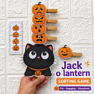 Peut inclure: Un jeu de tri Jack-o-lantern comprenant une découpe de chat noir avec un collier orange, quatre pinces à linge en bois surmontées de visages de citrouille orange aux expressions variées et une carte verticale montrant ces quatre visages.