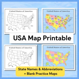 Könnte beinhalten: Vier druckbare Karten der USA werden gezeigt. Zwei sind Umrisskarten, und zwei sind farbcodiert mit Staatsnamen. Der Text "USA Map Printable" ist zentriert, darunter steht "State Names & Abbreviations + Blank Practice Maps".